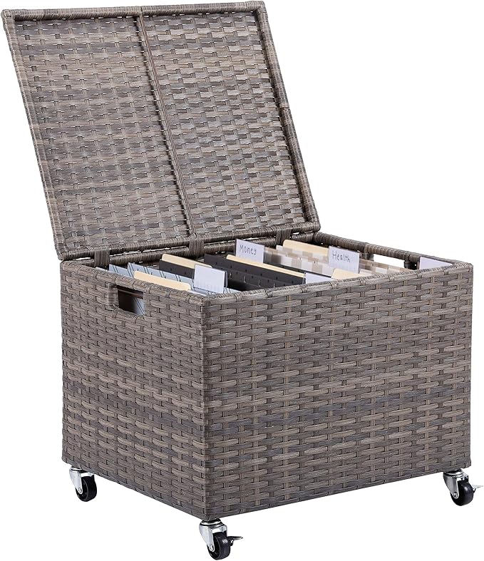 Rolling File Box - Storage Cabinet with Wheels - Weatherproof Rattan-Style Resin Deck Chest