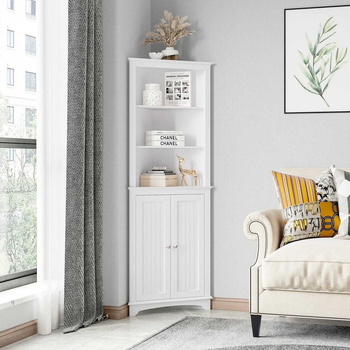 Tall Corner Cabinet with Doors and Shelves, Freestanding Corner Storage Cabinet for Bathroom,