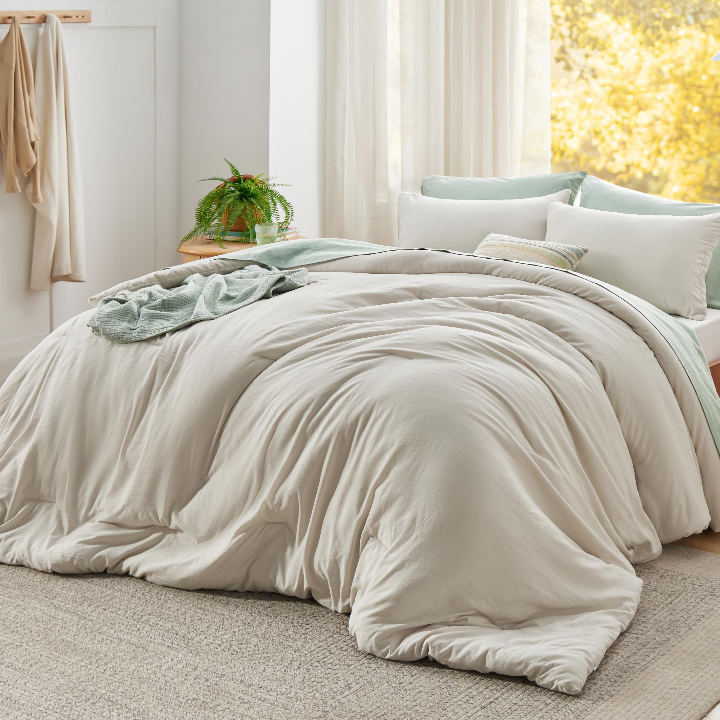 Beige Prewashed Super King Comforter Set - 3 Piece Lightweight Bedding