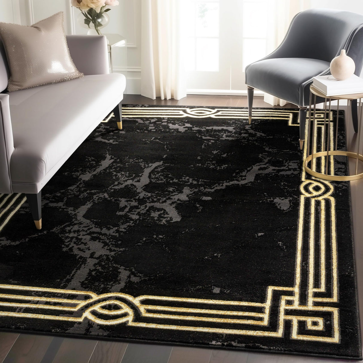 Lezlee Abstract Modern 5'3" x 7'3" Area Rug Black Gold Marble Border - for Living Room,