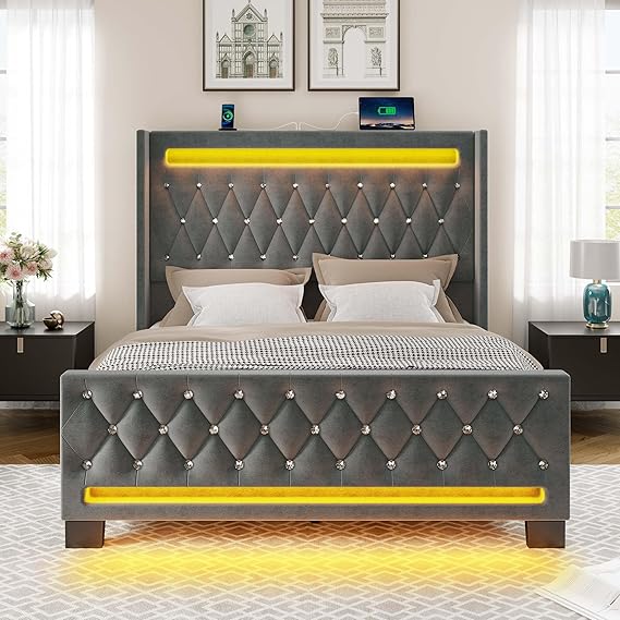 Full Bed Frame with LED Lights and Charging Station