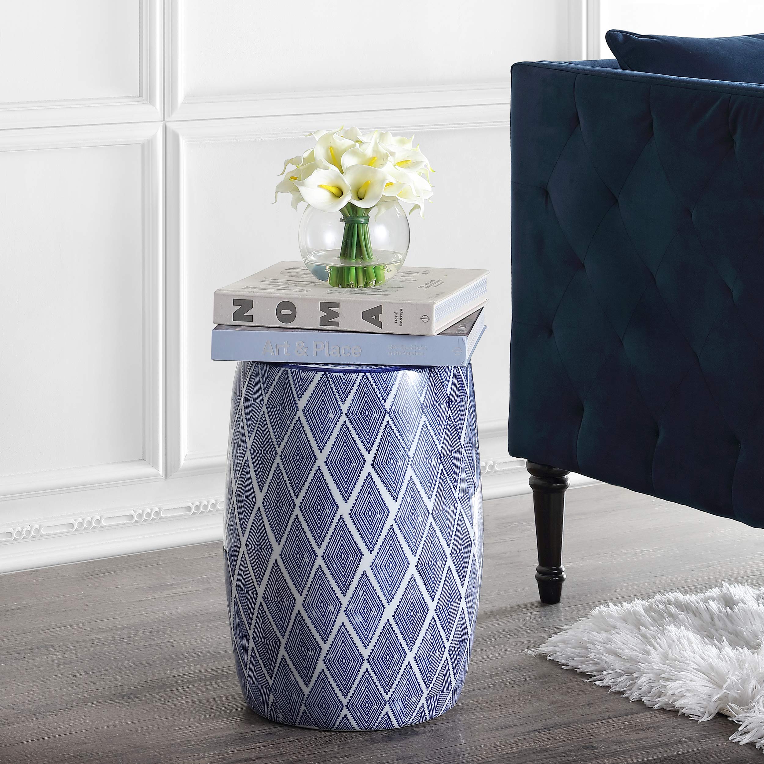 TBL1019A Moroccan Diamonds 18" Ceramic Drum Garden Stool, Coastal, Contemporary, Transitional,