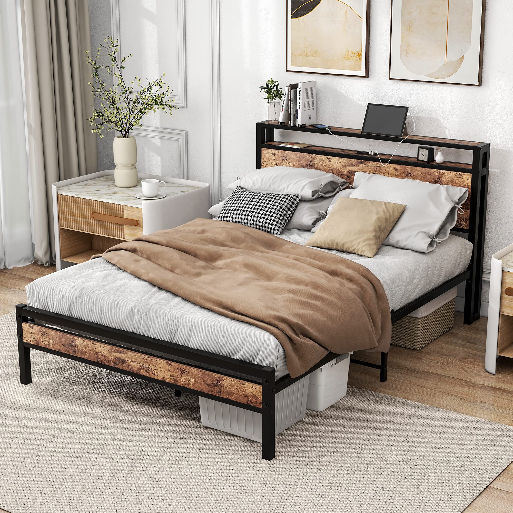 Full Size Bed Frame with Storage Headboard,Power Outlet,USB Port