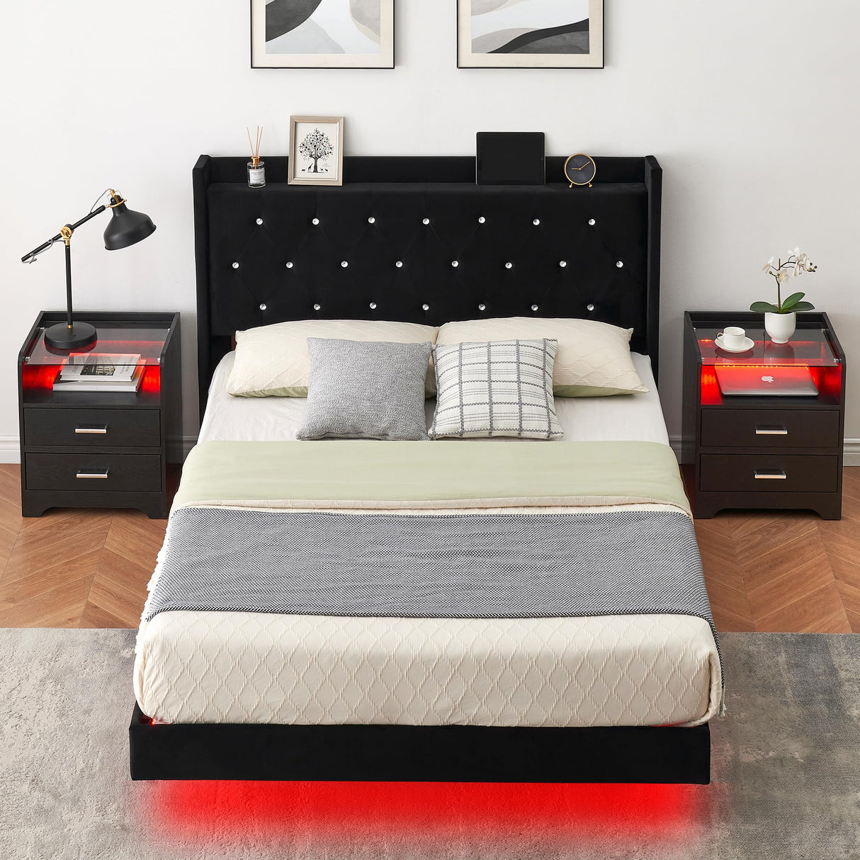 Floating Bed Frame Full Size with LED Lights, Modern Upholstered Platform Full Bed Frame