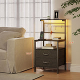 Tall Nightstand with Charging Station and LED Lights, Night Stand with Fabric Drawers,