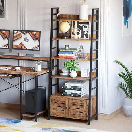 Bookshelf with Louvered Doors, 4-Tier Ladder Shelf with Cabinet Industrial Accent Furniture