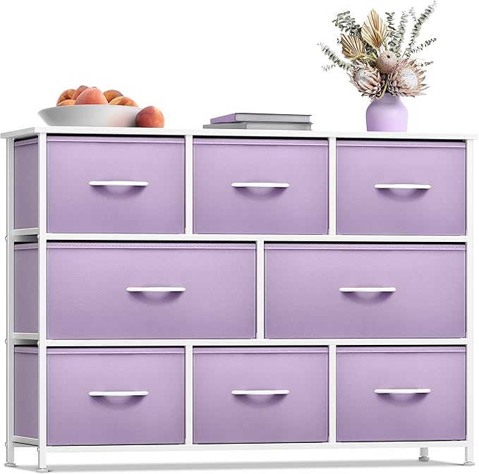 Dresser with 8 Faux Wood Drawers - Chest Organizer Unit with Steel Frame Wood Top & Handle Easy Pull Fabric