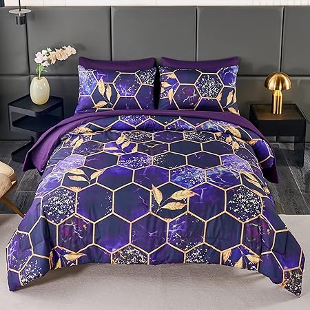 Turquoise Gold Hexagon Queen Comforter Set, 7Pcs Honeycomb Bed