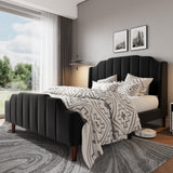 Queen Size Upholstered Velvet Bed Frame with Curved Vertical Wingback Headboard