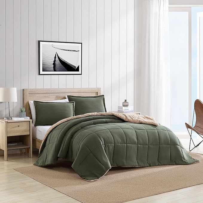 Queen Comforter Set, Soft Microsuede Bedding with Cozy Sherpa Reverse & Matching Shams