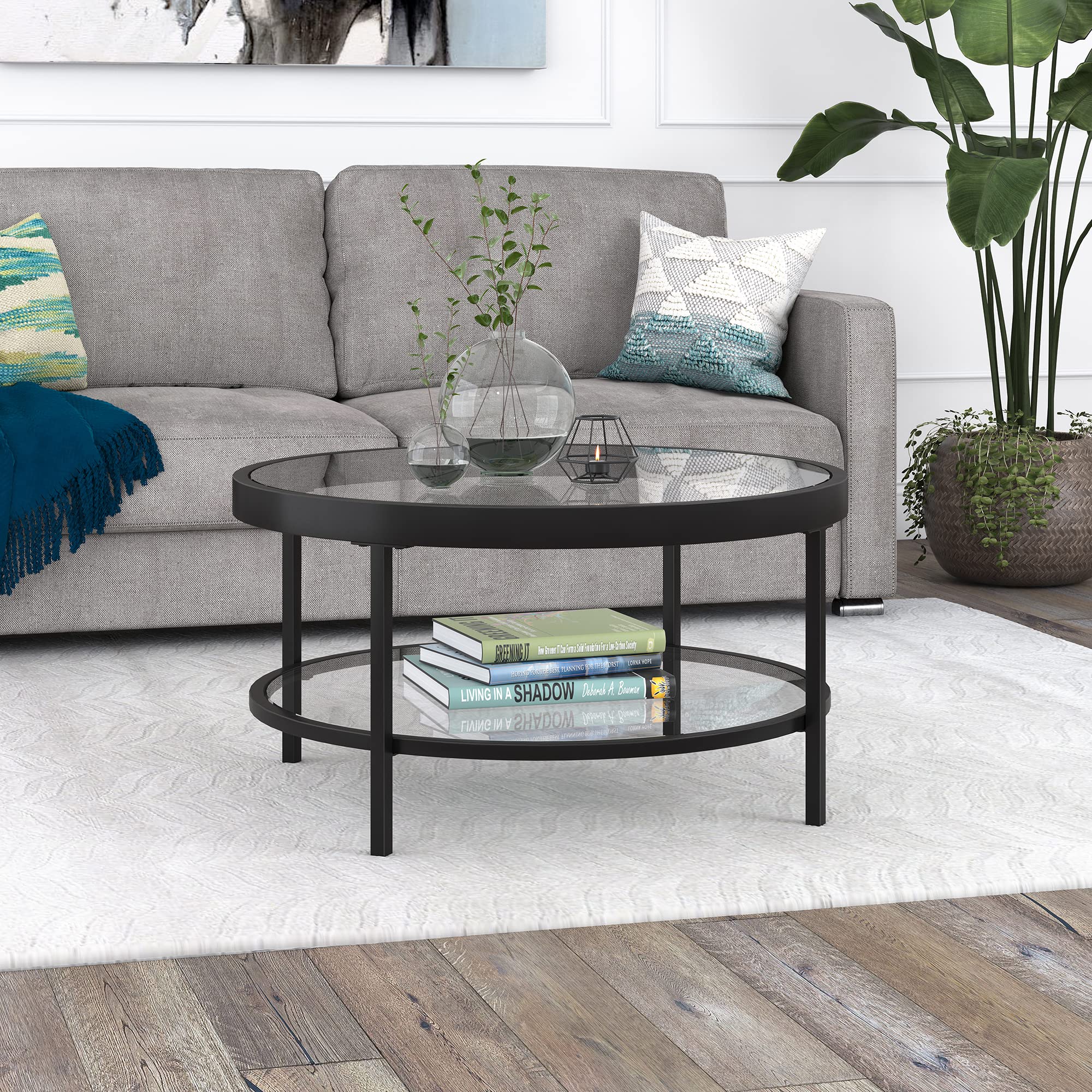 32" Wide Round Coffee Table in Blackened Bronze, Round Coffee Table for living room