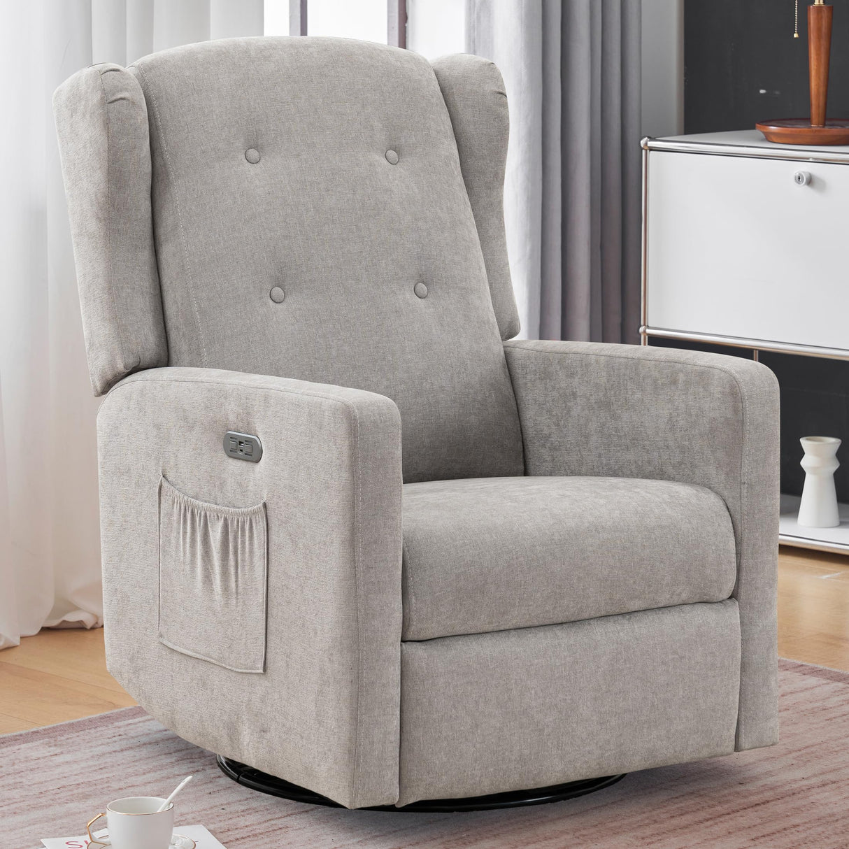 Sereno Electric Swivel Recliner – Power Rocker Glider Chair with USB Ports & Side Pocket
