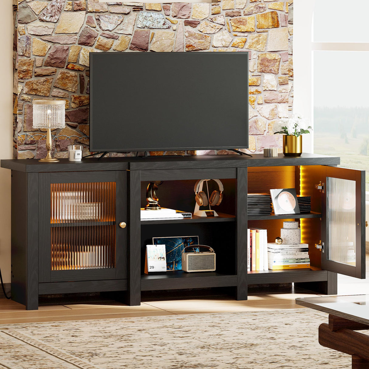 TV Stand for 65 inch TV, Entertainment Center with Power Outlet and LED Light,