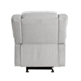 38 Inch Manual Glider Recliner Chair, Solid Wood, Light Gray Chenille