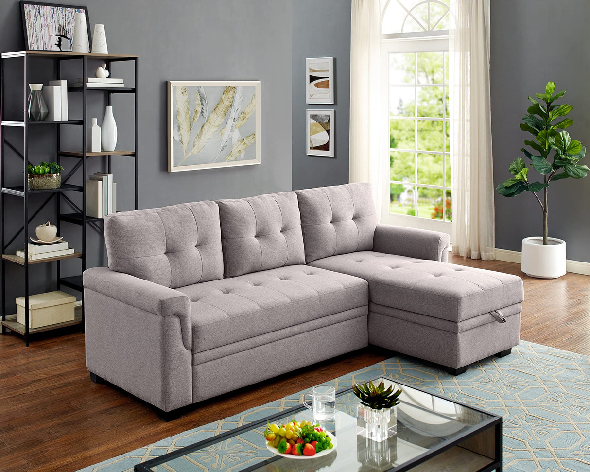 86" Reversible Sleeper Sofa with Chaise Storage Sectional, Light Gray