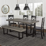Walker Edison Barnes 6-Piece Rustic Metal and Wood Dining Table with X-Back Chairs, Set of 6, Grey/Black