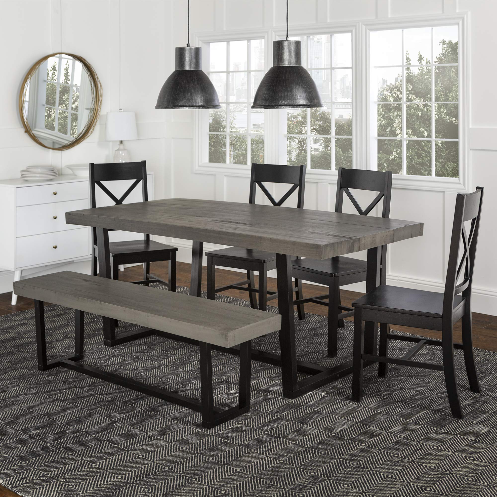 Walker Edison Barnes 6-Piece Rustic Metal and Wood Dining Table with X-Back Chairs, Set of 6, Grey/Black