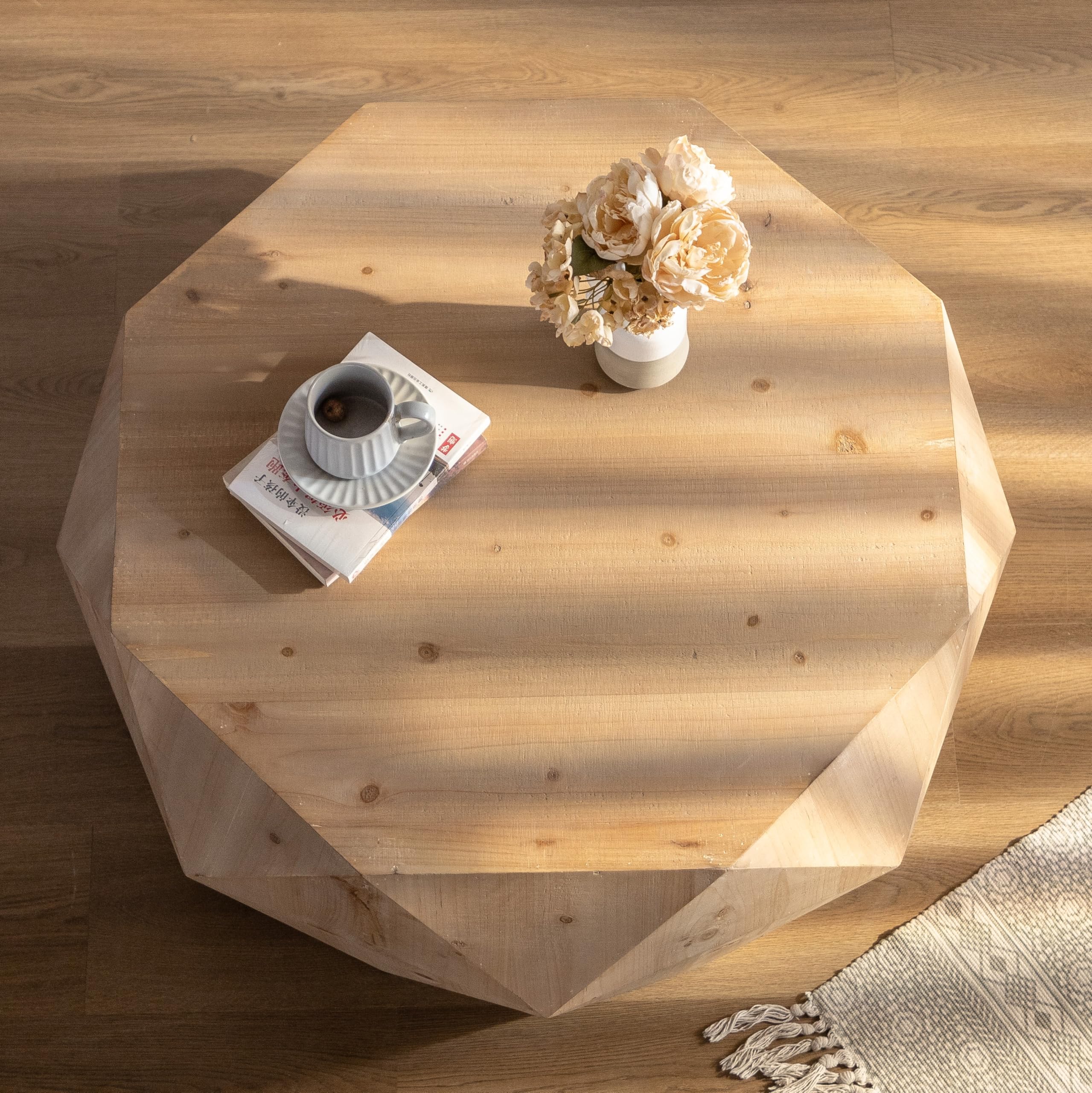 38" Vintage Round Wood Coffee Table with Three-Dimensional Relief Design