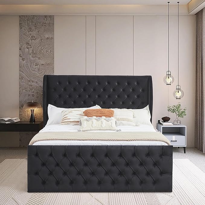 King Size Bed Frame, Luxurious Platform Bed, Button Tufted Upholstered Bed