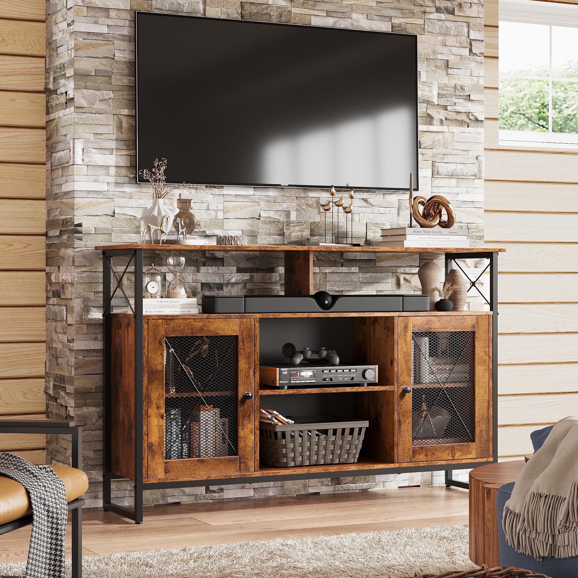 TV Stand 55 inch TV,Tall Entertainment Center with Storage, Farmhouse Industrial