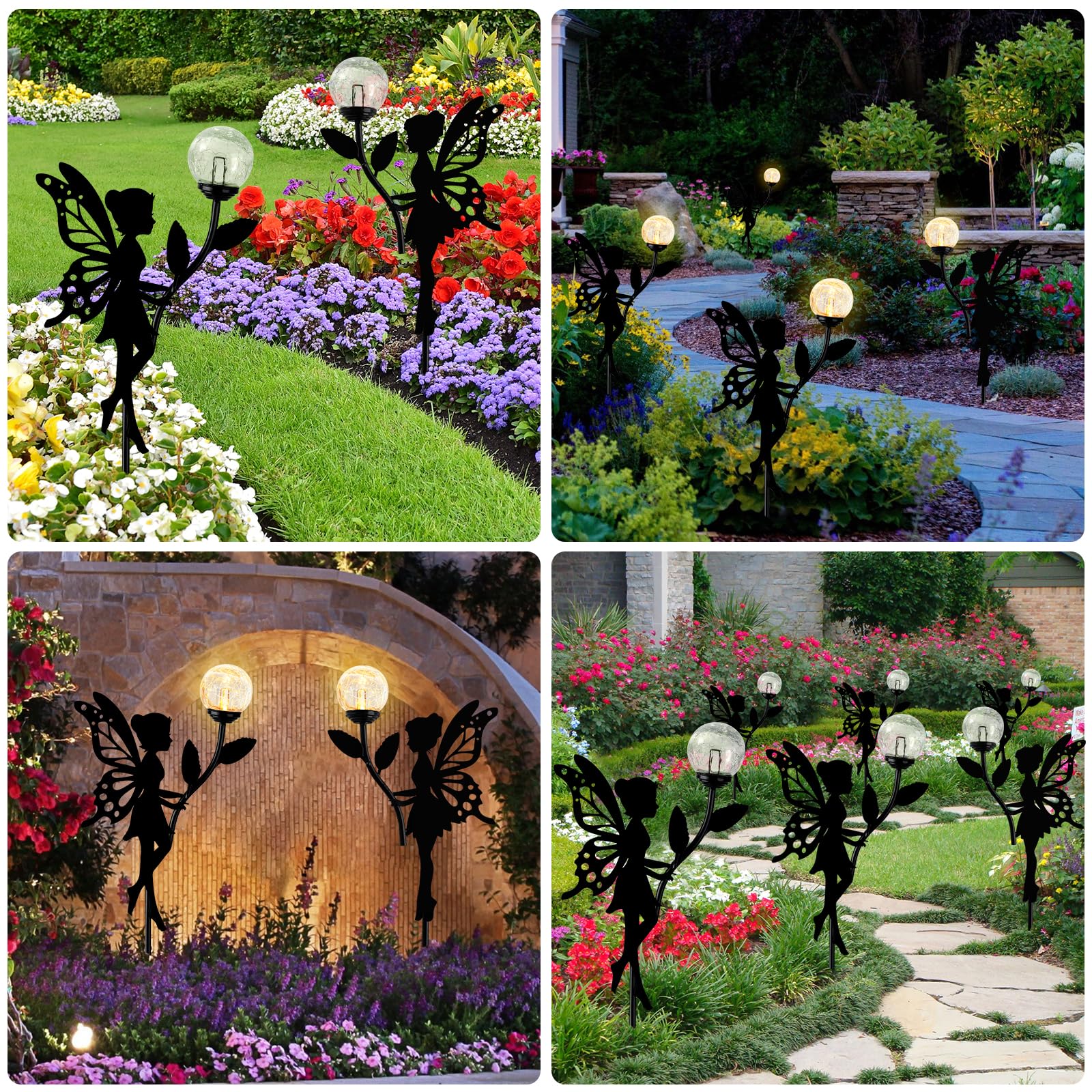 2 Pack Solar Fairy Garden Decor, Metal Fairy Statues with Crackle Glass Globe