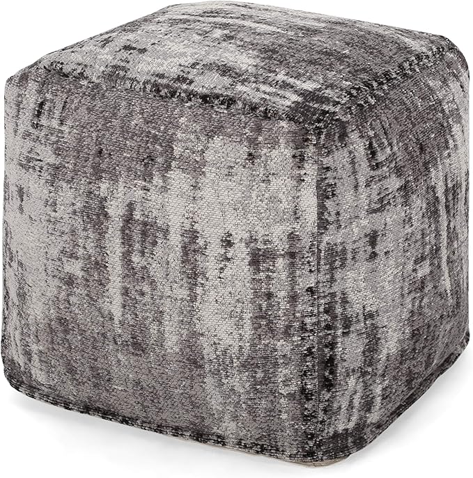 Hannah Hand-Loomed Boho Fabric Cube Pouf, Teal, Beige