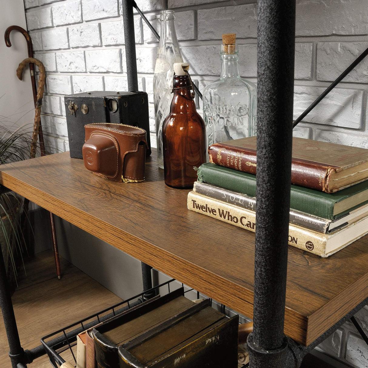 Iron City Tall Bookcase/Book Shelf, Checked Oak Finish