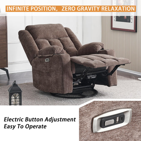 Ketaiyou Power Swivel Rocker Recliner Massage Chair, USB and Type-C Ports, Electric Recliner Glider Reading Chairs Living Room, Upholstered Soft Fabric Reclining Sofa Chair (Fabric Coffee)