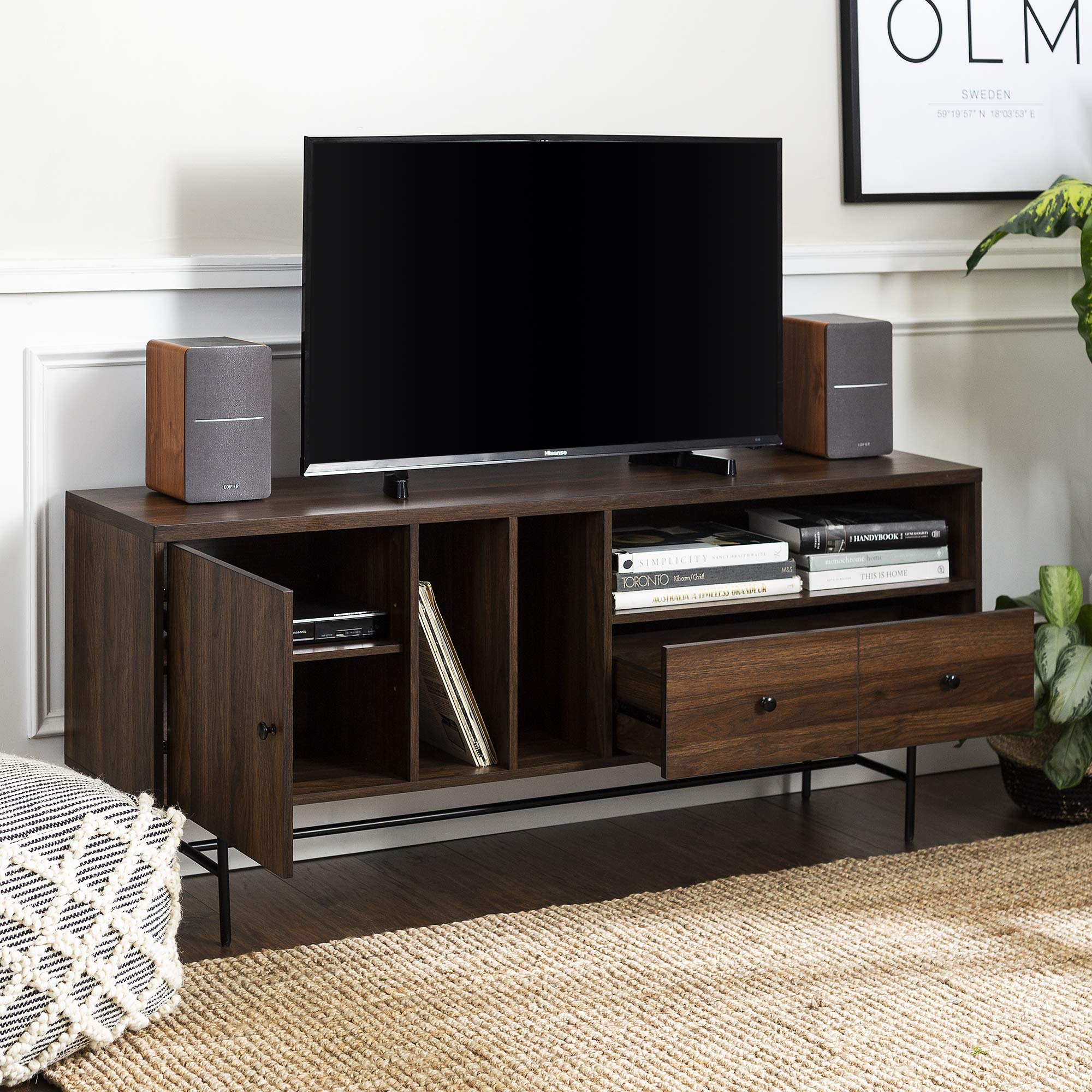 Modern Wood TV Stand with Record Storage for TV's up to 65