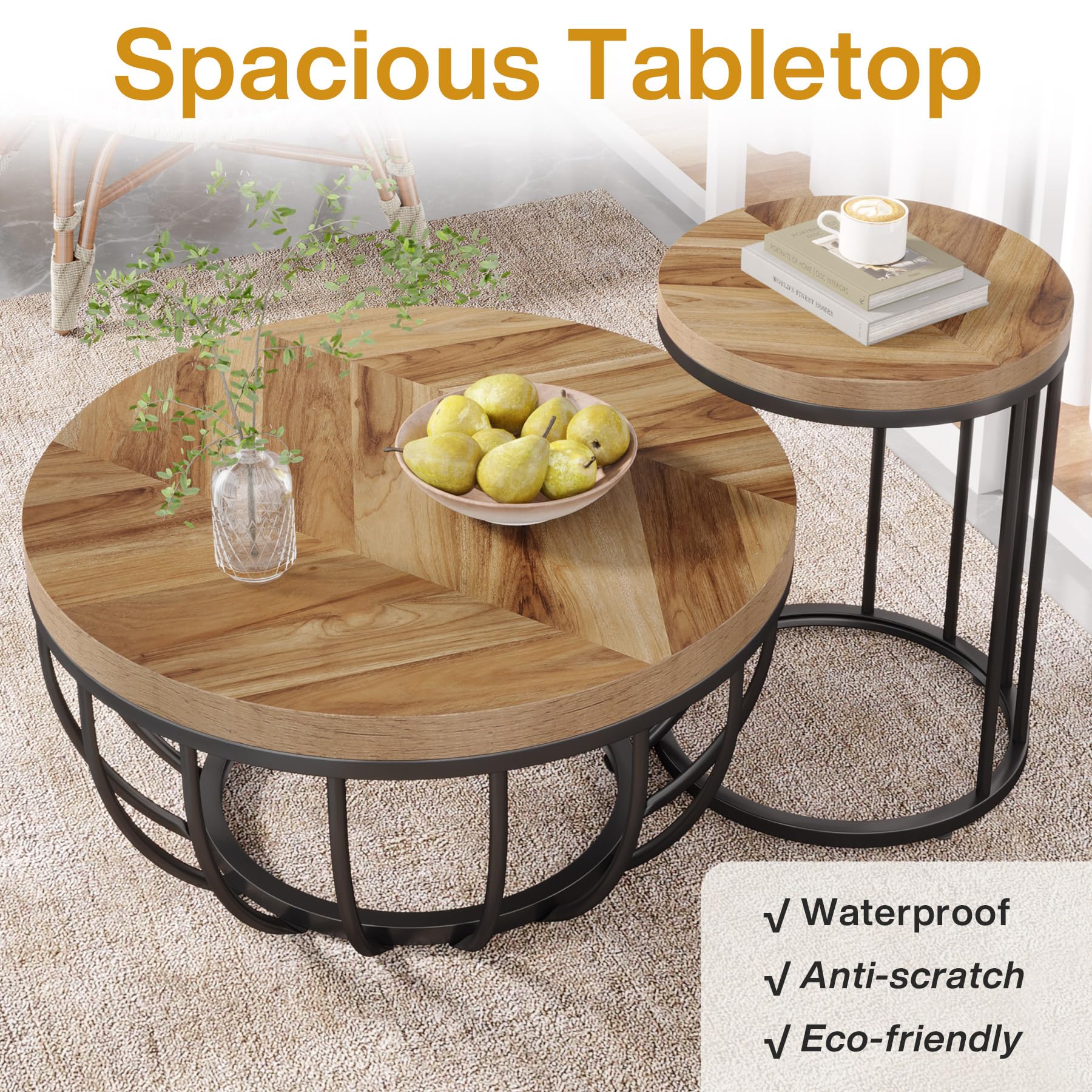Round Coffee Table, 2 Pieces Nesting Tables with Metal Frame & Wooden Desktop