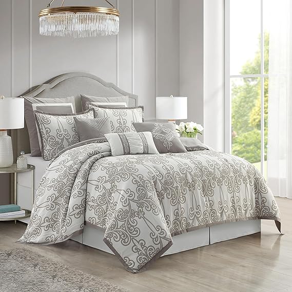 Beige and Gold Jacquard Floral Comforter Set - Queen Size 9 Piece