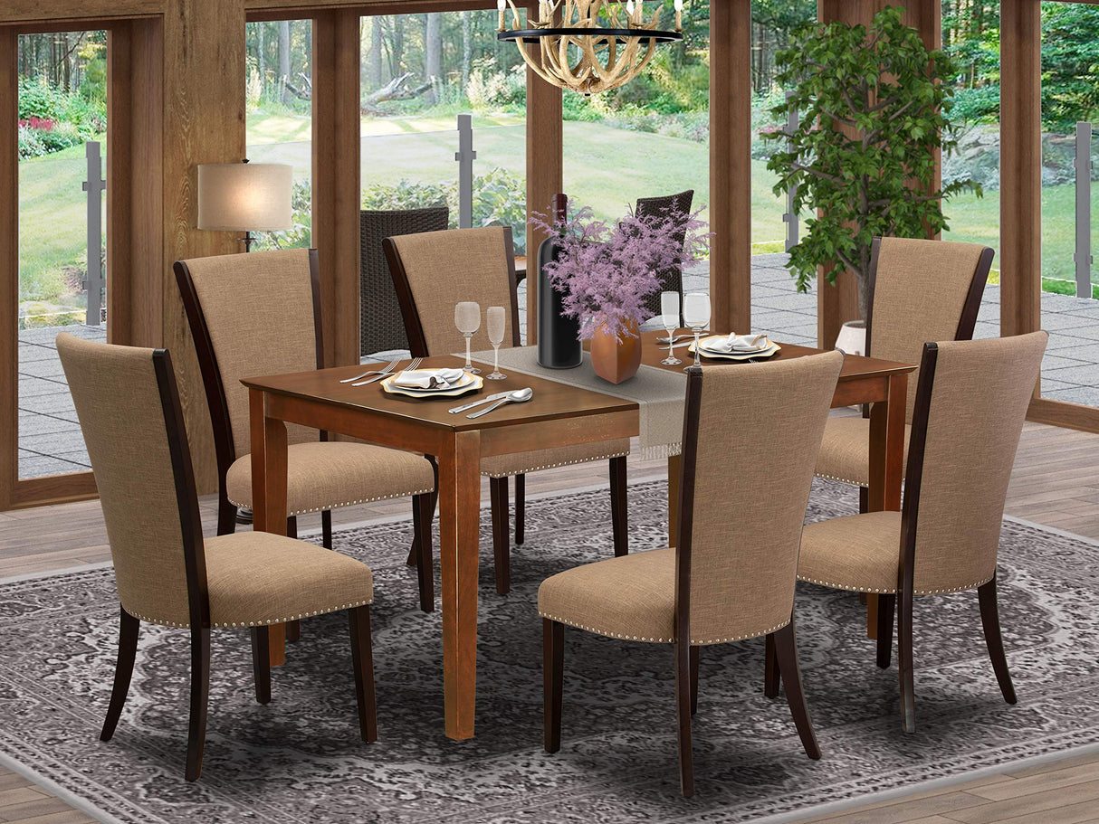 East West Furniture Capri 7 Piece Set Consist of a Rectangle Dining Room Table and 6 Light Sable Linen Fabric Upholstered Chairs, 36x60 Inch, CAVE7-MAH-47