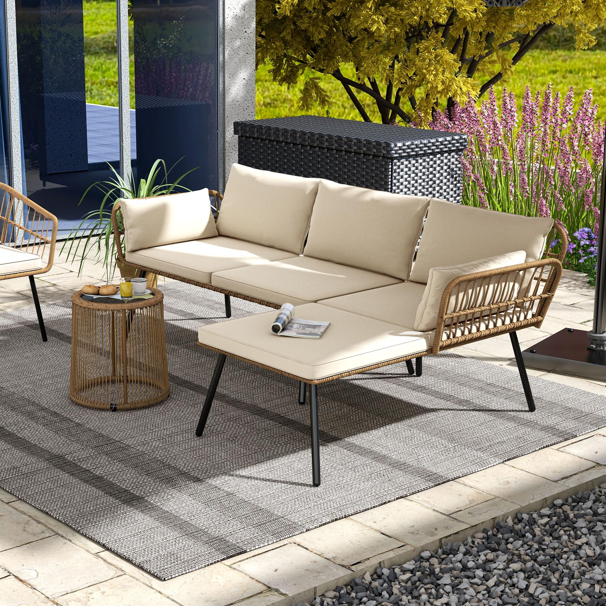 3 Pieces Patio Furniture Set, Wicker Conversation Sectional Sofa, L-Shaped Sofa