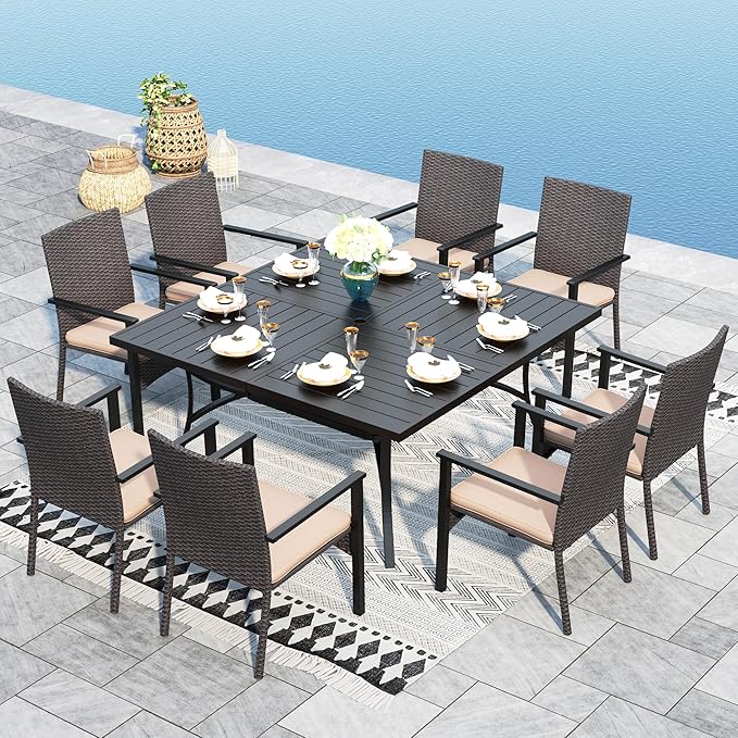 9 Pieces Patio Dining Set for 8, All Weather Square Outdoor Table with Umbrella Hole