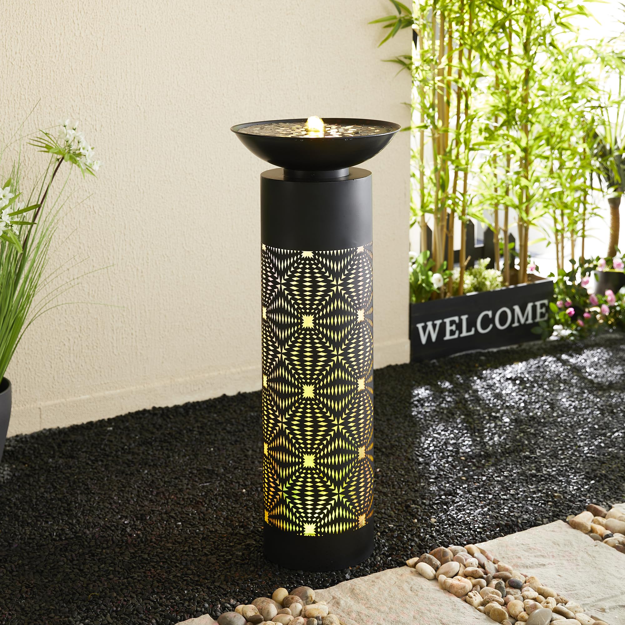 Metal Fountain Outdoor Bird Bath Water Fountains with LED Light, Pump & Adapte