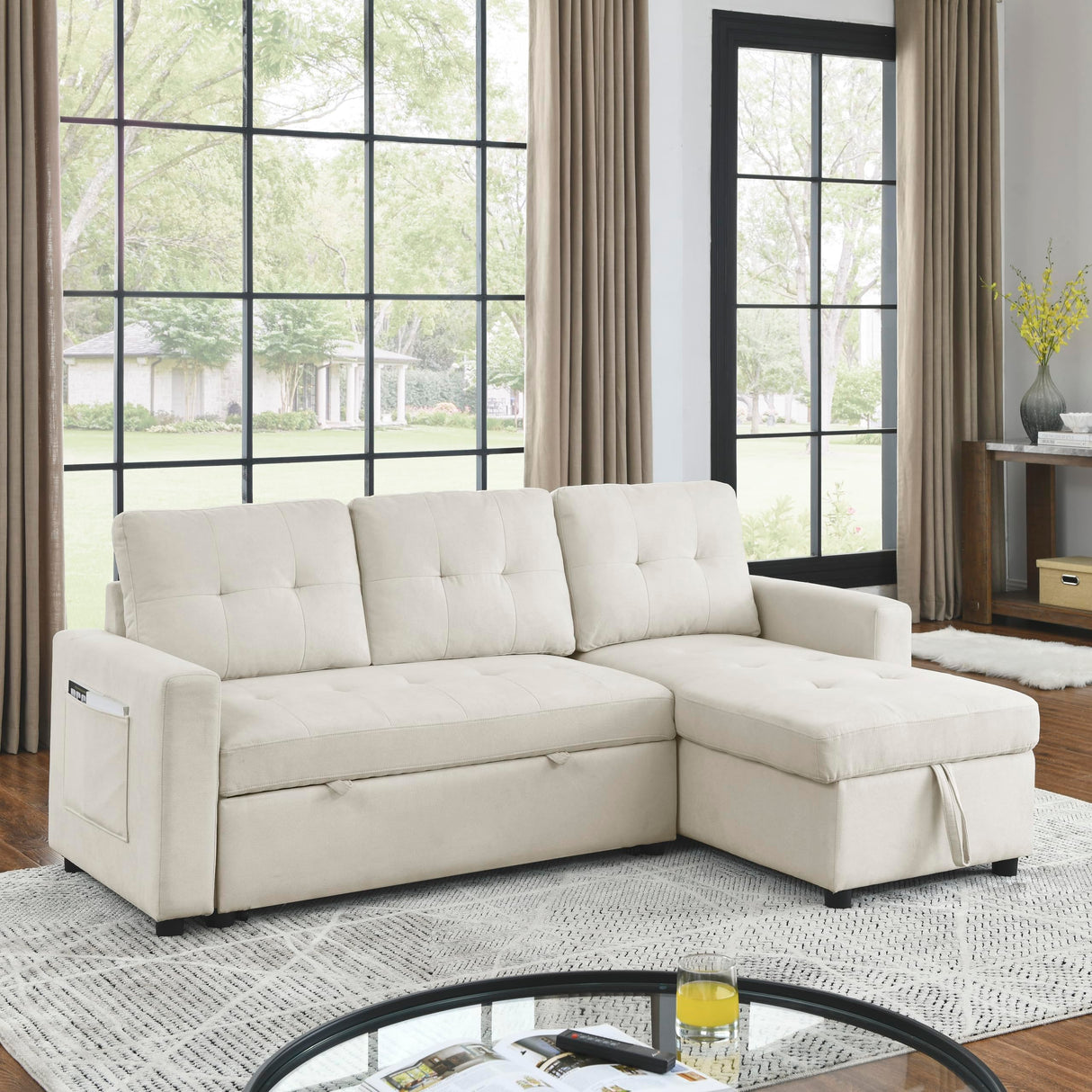 Reversible Sectional Sofa with Pull-Out Sleeper Bed, L-Shape 3-Seater Convertible Corner Sofa&Couches with Storage Chaise and Side Pockets ,Button Tufted Upholstery Couch for Living Room Furniture