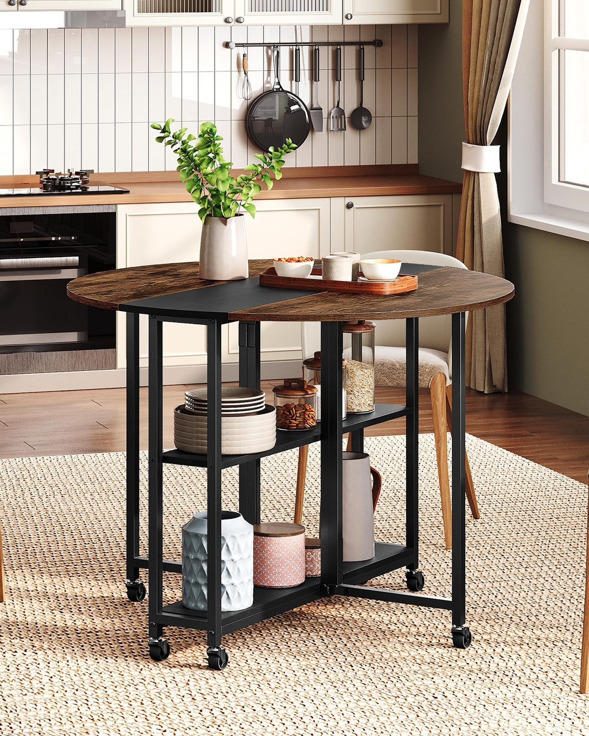 Folding Dining Table with Wheels and Storage Shelf