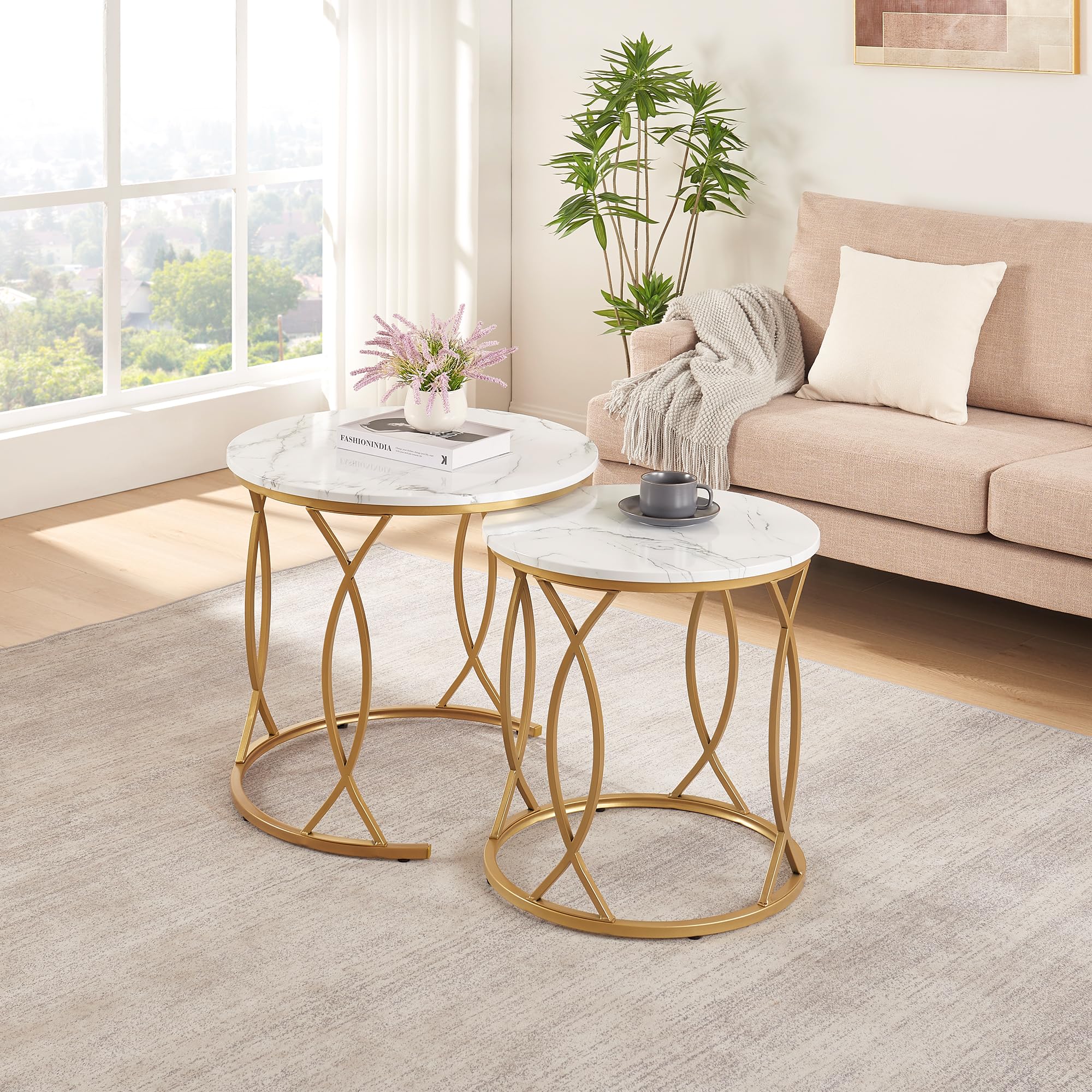 Gold Nesting Coffee Table Set of 2, Round Coffee Tables for Living Room