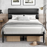 Queen Size Platform Bed Frame with Upholstered Headboard - Dark Black