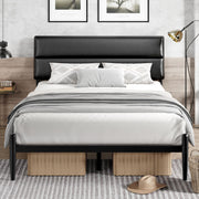 Queen Size Platform Bed Frame with Upholstered Headboard - Dark Black