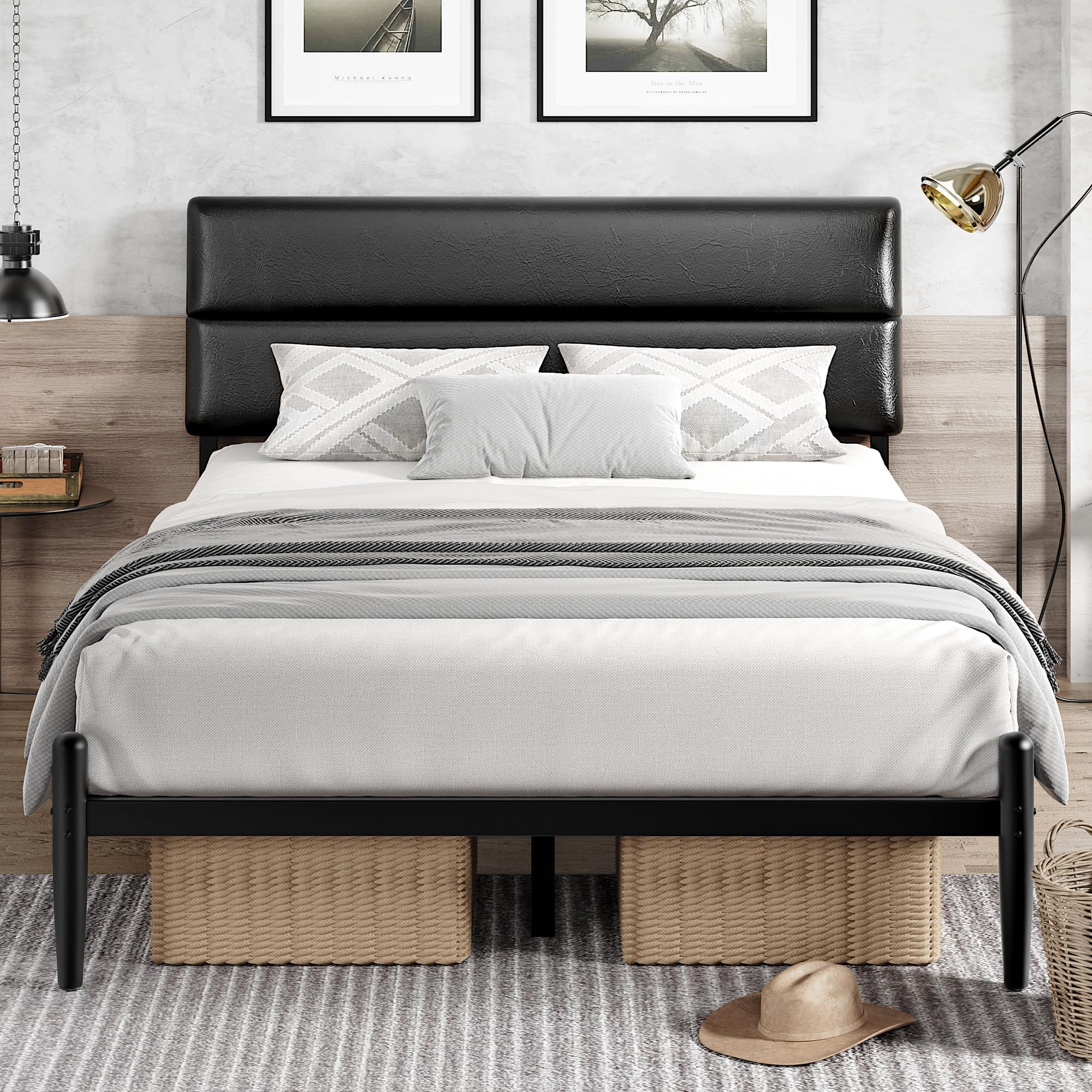 Queen Size Platform Bed Frame with Upholstered Headboard - Dark Black