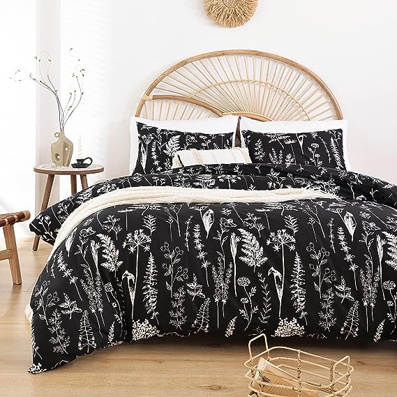 Queen Floral 3 PCS Bedding Sets Oatmeal Plant Flowers Printed on Fluffy Comforter