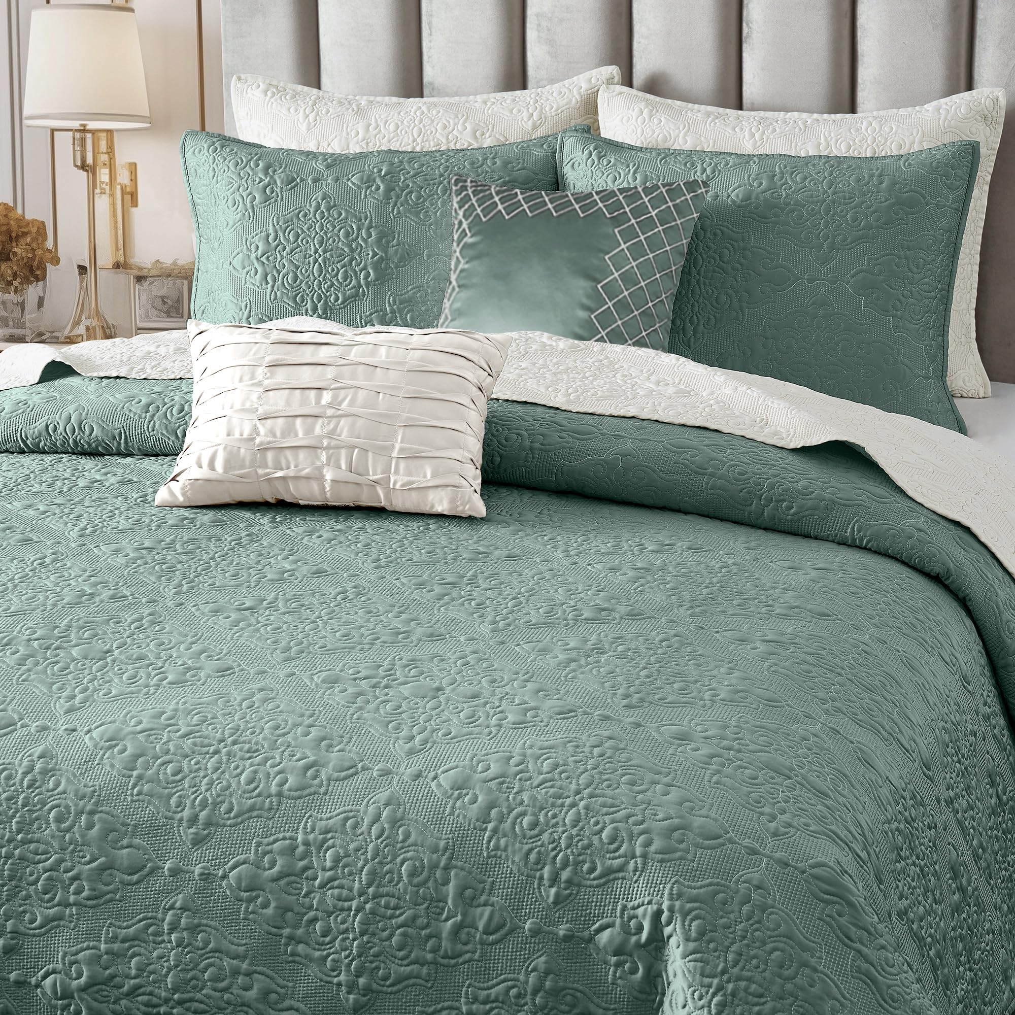 Silky Satin Quilt Set 5 Pcs King Cooling Comforter Lightweight Summer Bedding