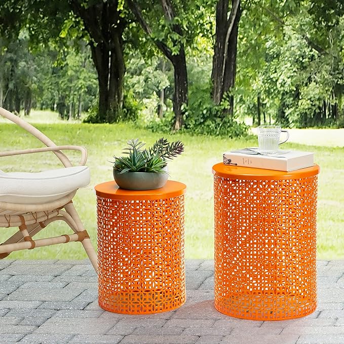 Outdoor Side Table Set of 2, Decorative Garden Stool for Indoor Outdoor Heavy Duty Metal