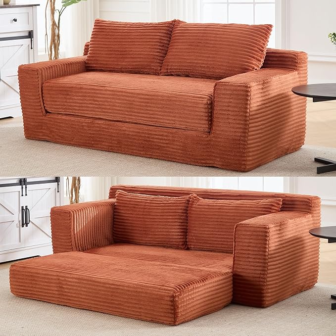 Corduroy Cloud Loveseat Sofa, 2 in 1 Convertible Sleeper Sofa with Fixed-Shape Frame