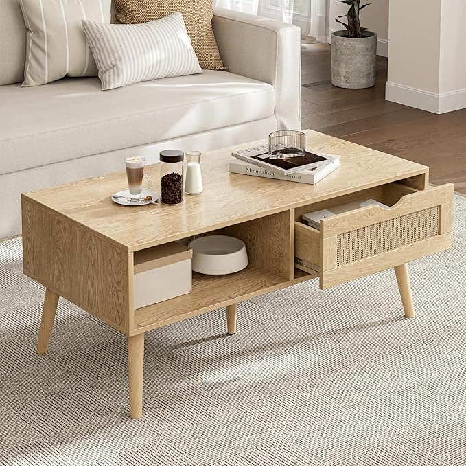 Coffee Table with Storage, Boho Dining Table with Sliding Rattan Door Panel