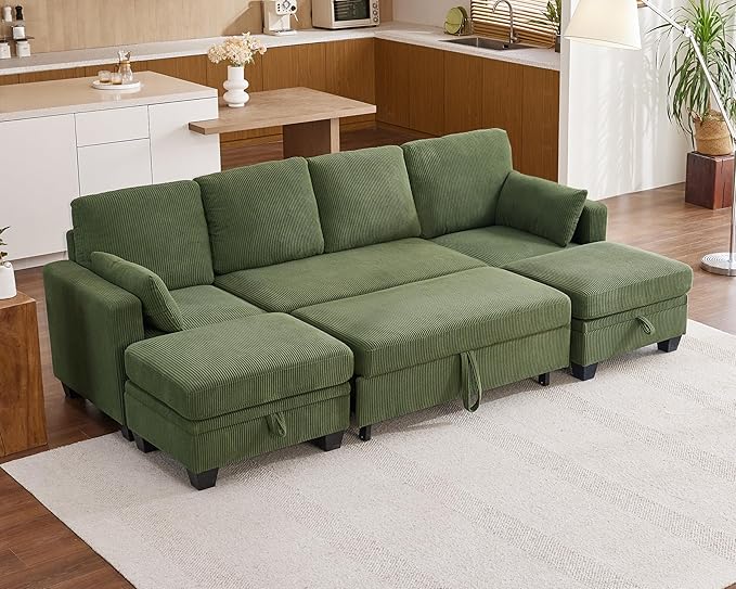 Modular Sofa with Pull Out Bed, Corduroy Sectional Convertible U-Shaped Sleeper