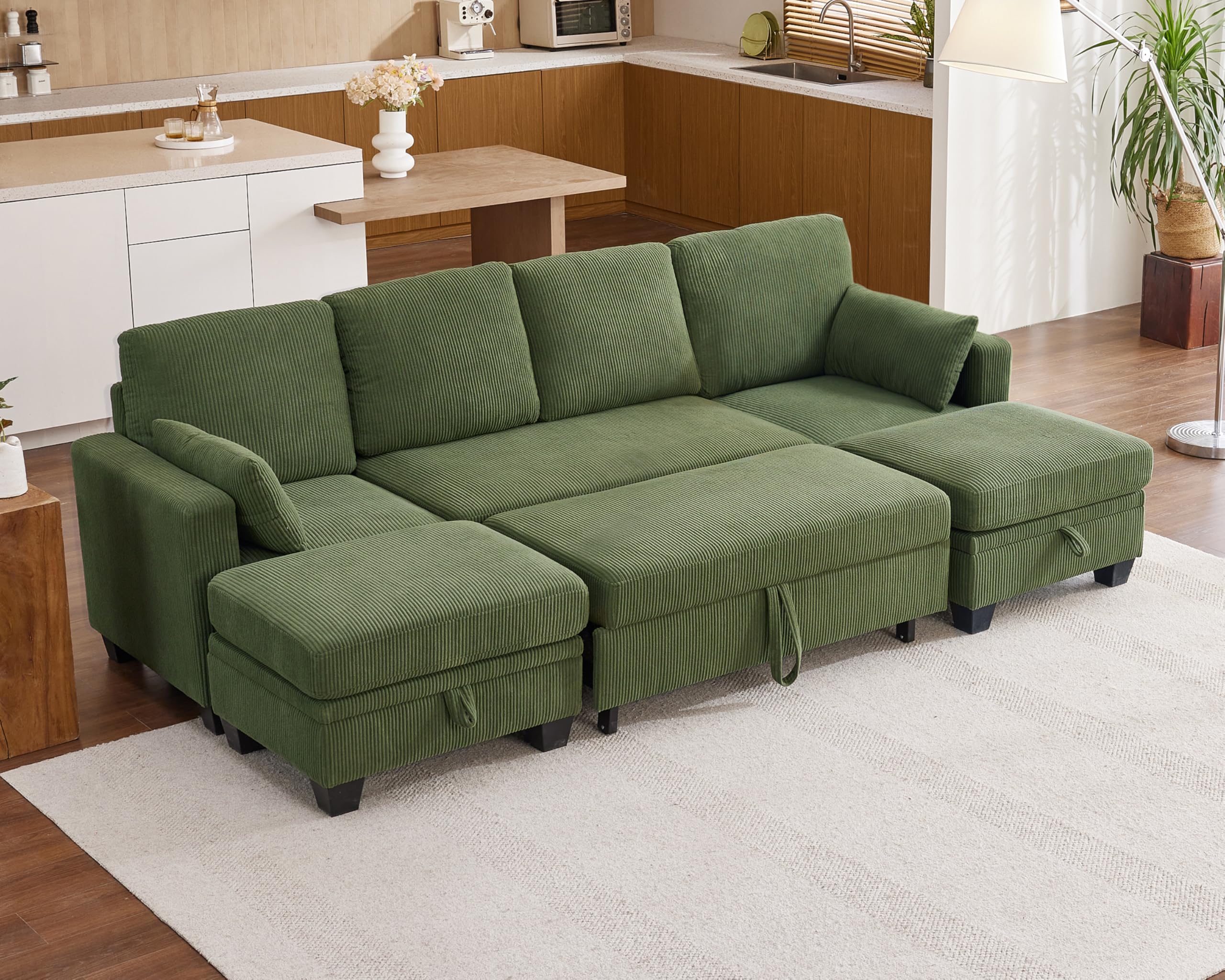 Modular Sofa with Pull Out Bed, Corduroy Sectional Convertible U-Shaped Sleeper