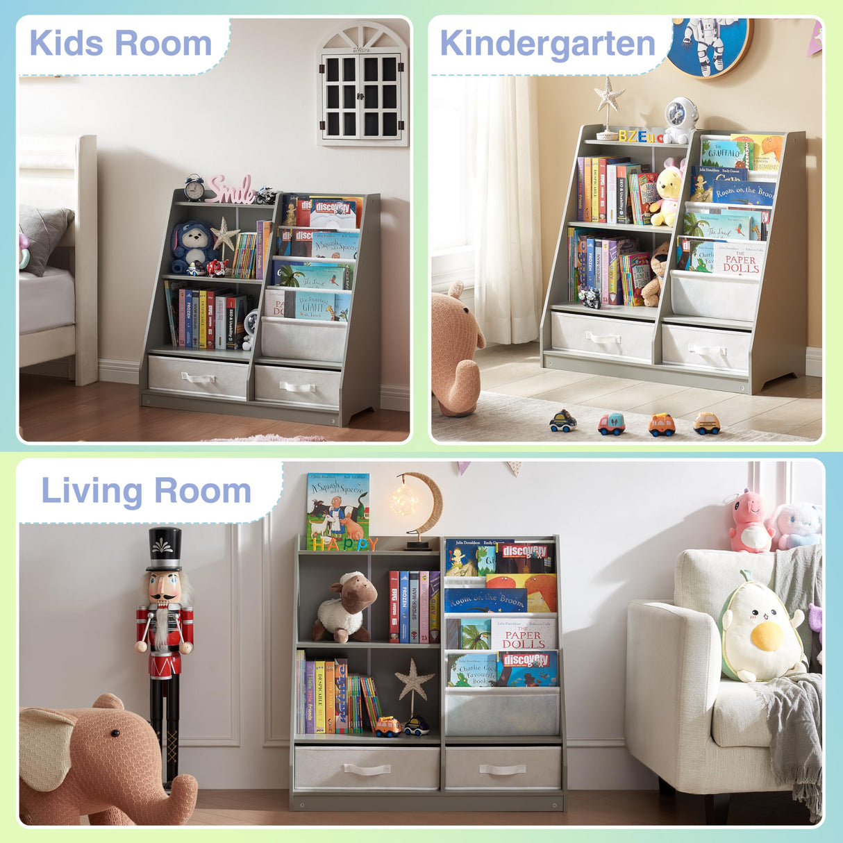 Kids Bookshelf with 2 Storage Boxes and 4 Sling Bookcase, Toddlers Book and Toy