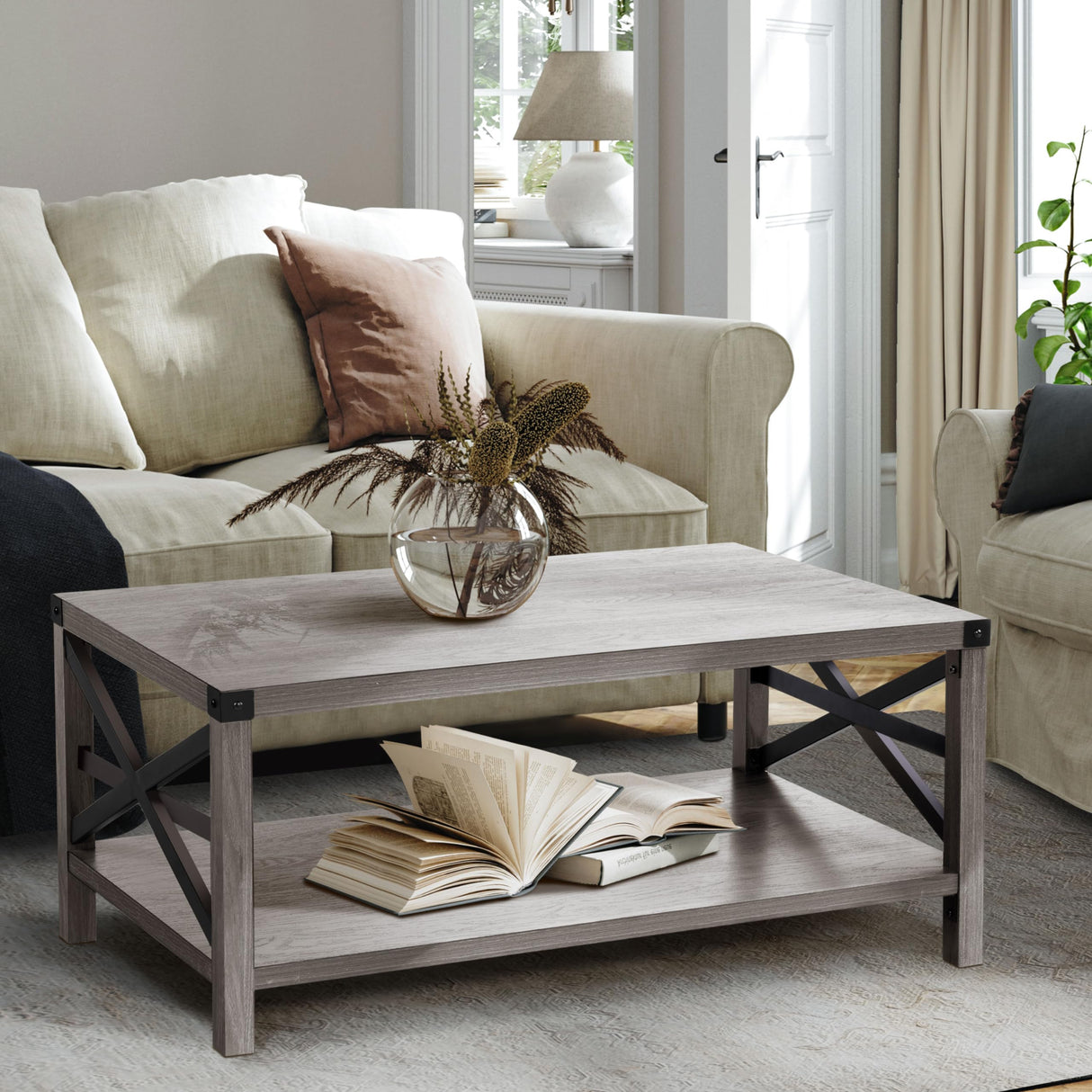 Rustic Coffee Table with Storage Shelf, Rectangle Vintage Wood Style w